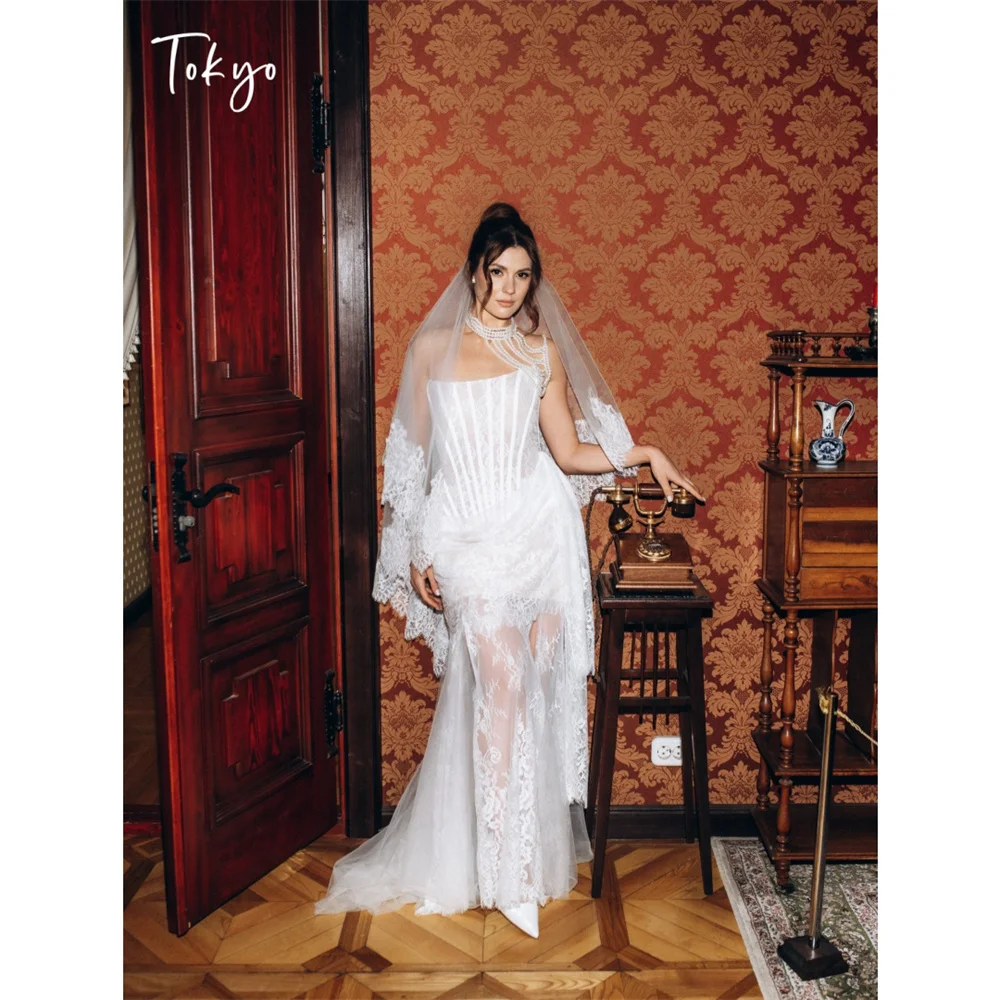 

Tokyo Womens Strapless Corset Floral Lace Mermaid Wedding Dress White Sheer Long Gown Bridal Shower Formal Evening Party Dresses