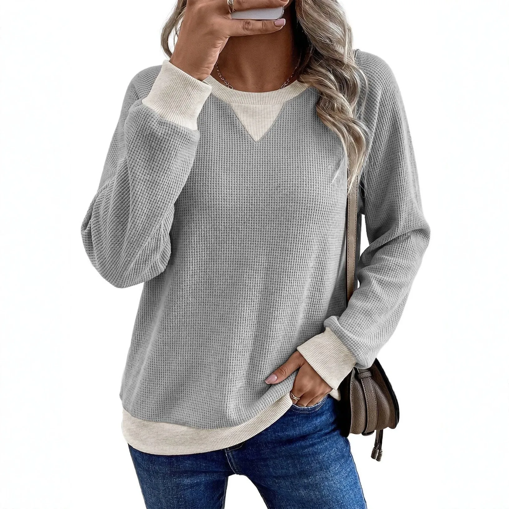 Long Sleeve Top Casual Regular Fit Streetwear with Regular Sleeve Patchwork T Shirts T Shirt Round Neck Autumn for Women