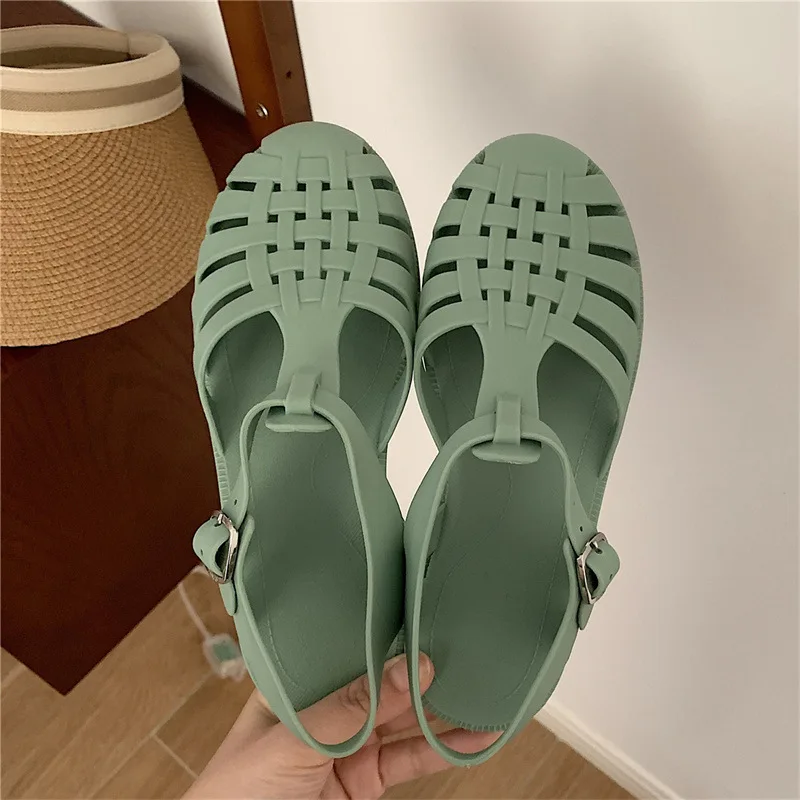 

​Women Translucent T-Strap Sandals Chunky Sole Lightweight Mesh Hollow-out Design Breathable Casual Summer Beach Slides