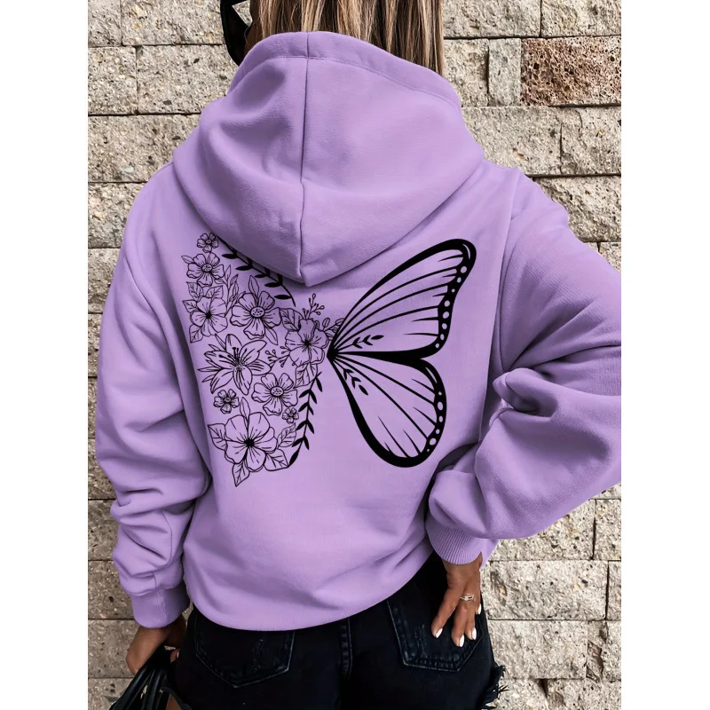 Ladies' casual hoodie with complex butterfly and floral design printed fashionable long sleeved sweatshirt