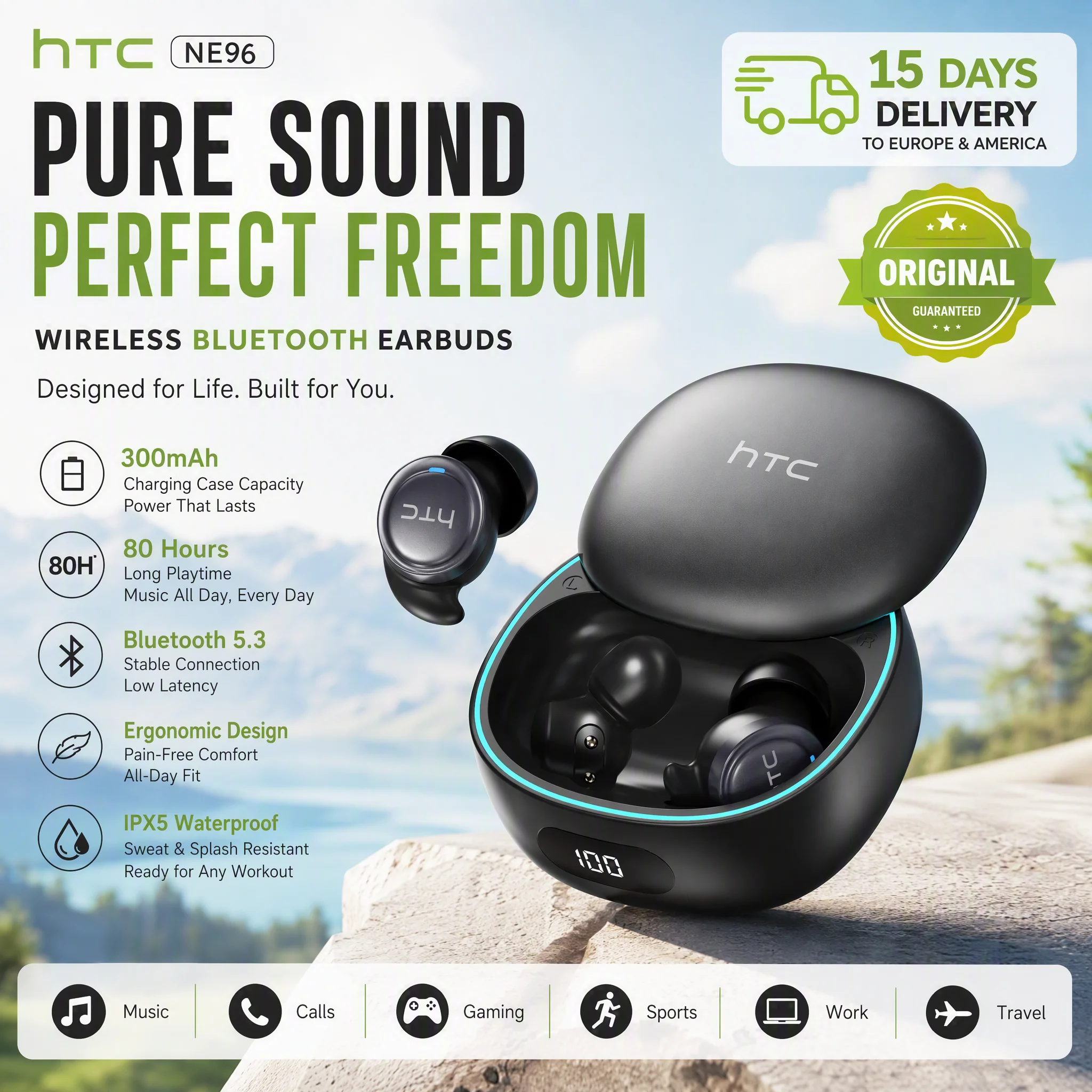 HTC NE96 TWS Wireless Earbuds ENC Noise Cancelling Headphones HiFi Stereo Bass Touch Control Long Battery Life for iOS Android