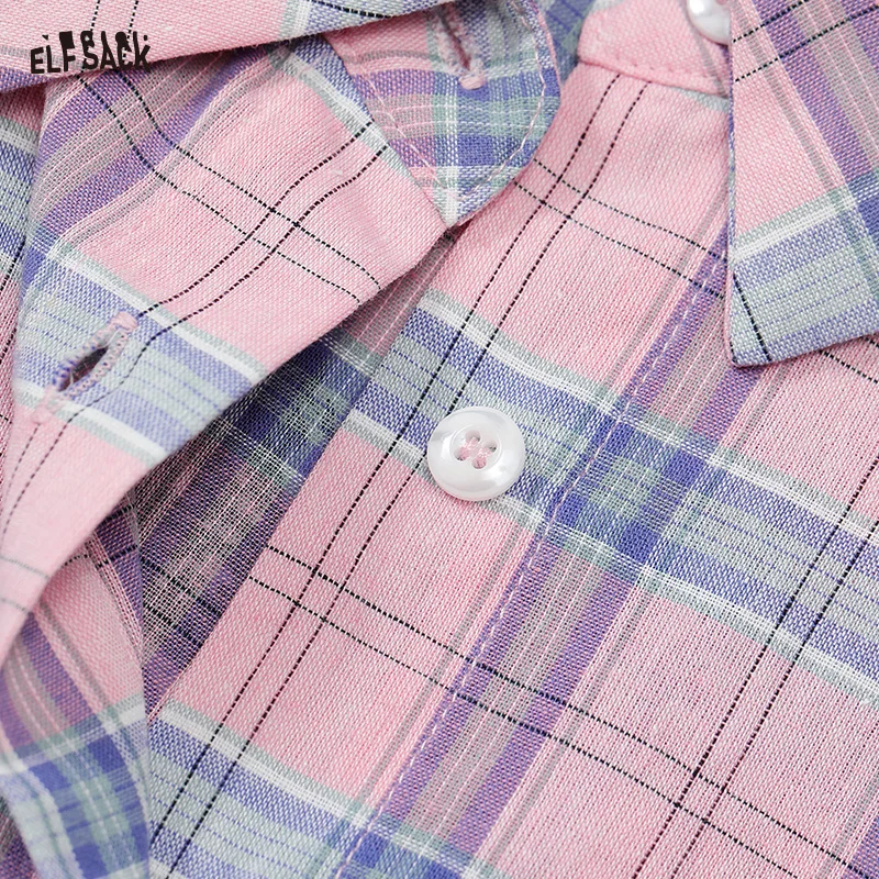 ELFSACK 2025 Spring New Arrivals Sweet Plaid Lace Bow Shirt Women Preppy Style Casual Single Breasted Top