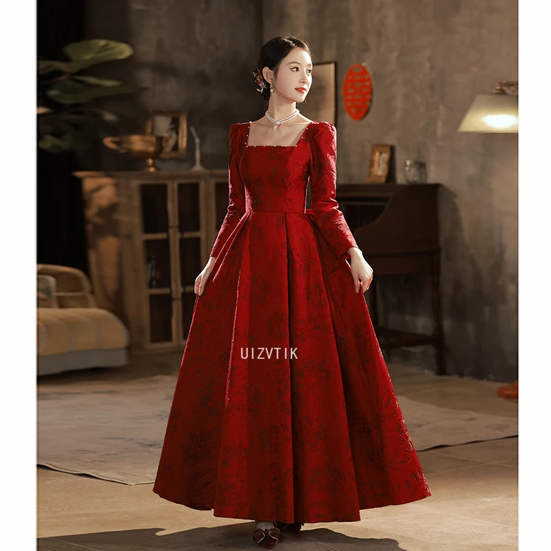 Burgundowa suknia ślubna w stylu francuskim księżniczka dla nowożeńców kobiety żakardowe Qipao 2025 elegancka suknia bankietowa z kokardą Robe De Soiree Vestidos