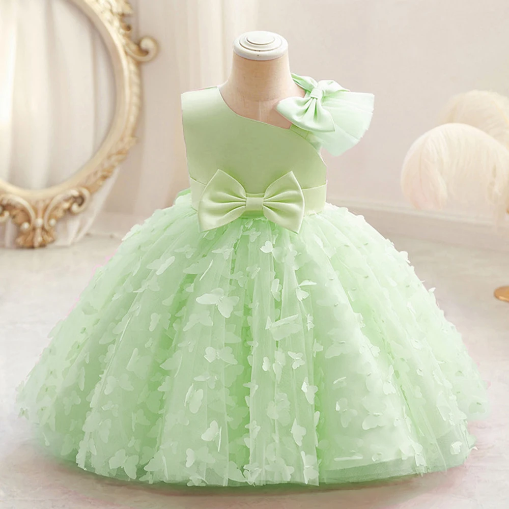 Butterfly Baby Girls White Baptism Party Dress Infant Bow Tulle 1st Birthday Gown Flower Princess Dress Wedding Prom Kids Clothe