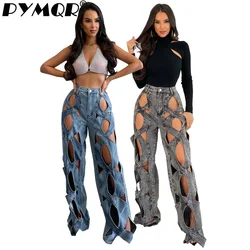 PYMQR New Elastic Hollow Out natiche leggermente svasate Jeans larghi Sexy High Wiast 2023 Antumn Y2K Streetwear pantaloni panno femminile