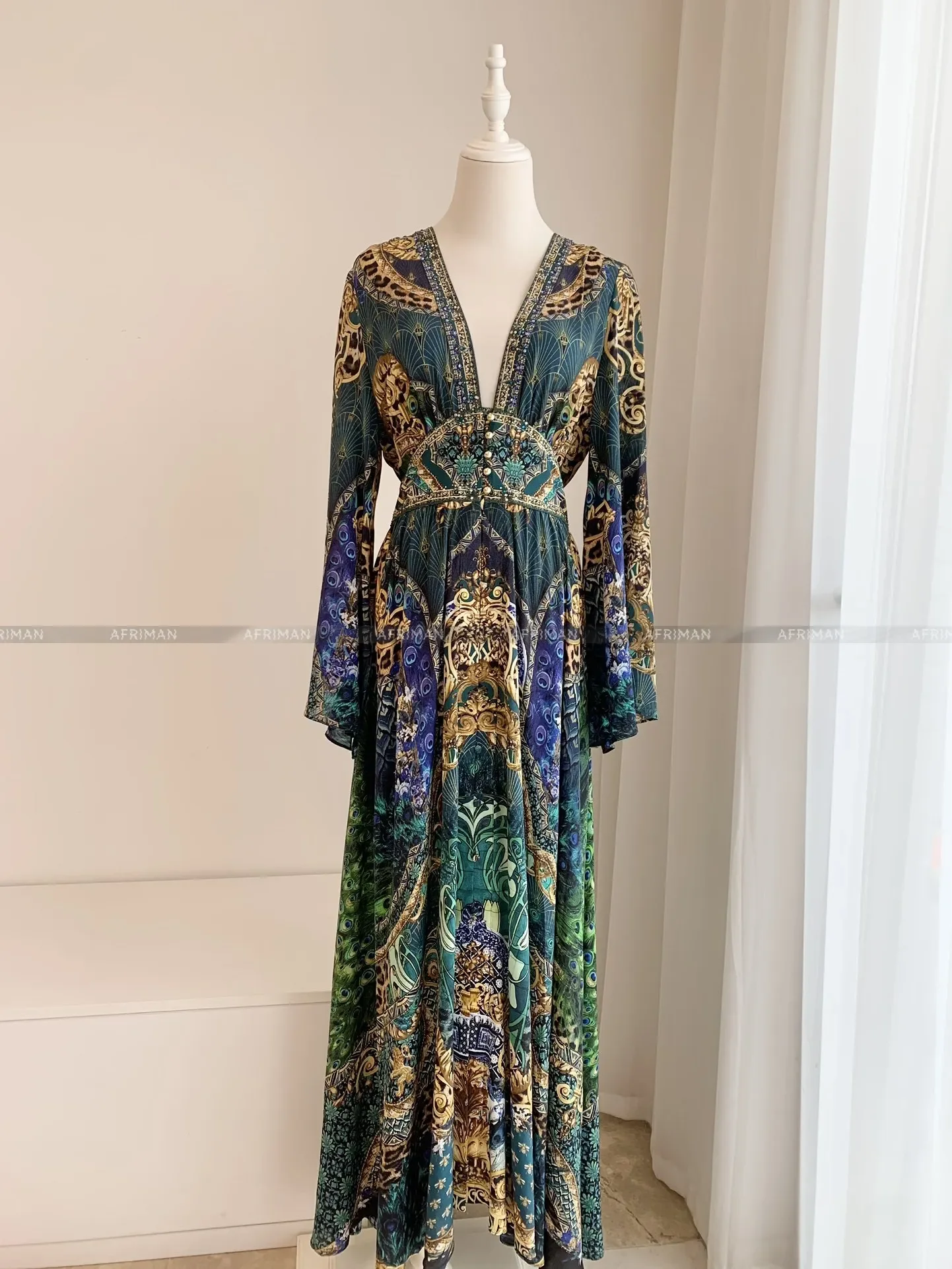 Women V Neck Crystal Beaded Flare Long Sleeve Retro Green Peacock Flower Print 100% Silk Maxi Long Dress