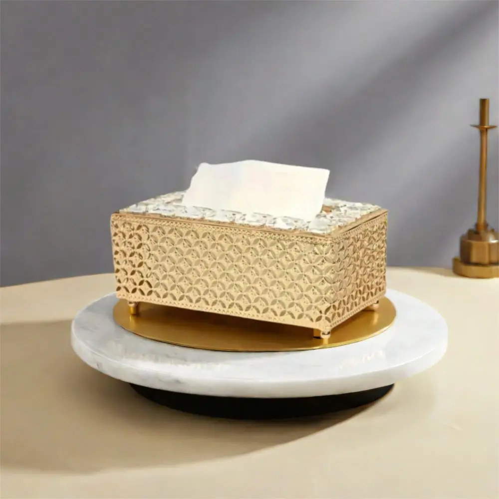 

Decorative European Style Crystal Tissue Box Light Luxury Metal Table Tissue Box Gold Hollow-out Napkin Dispenser Hotel