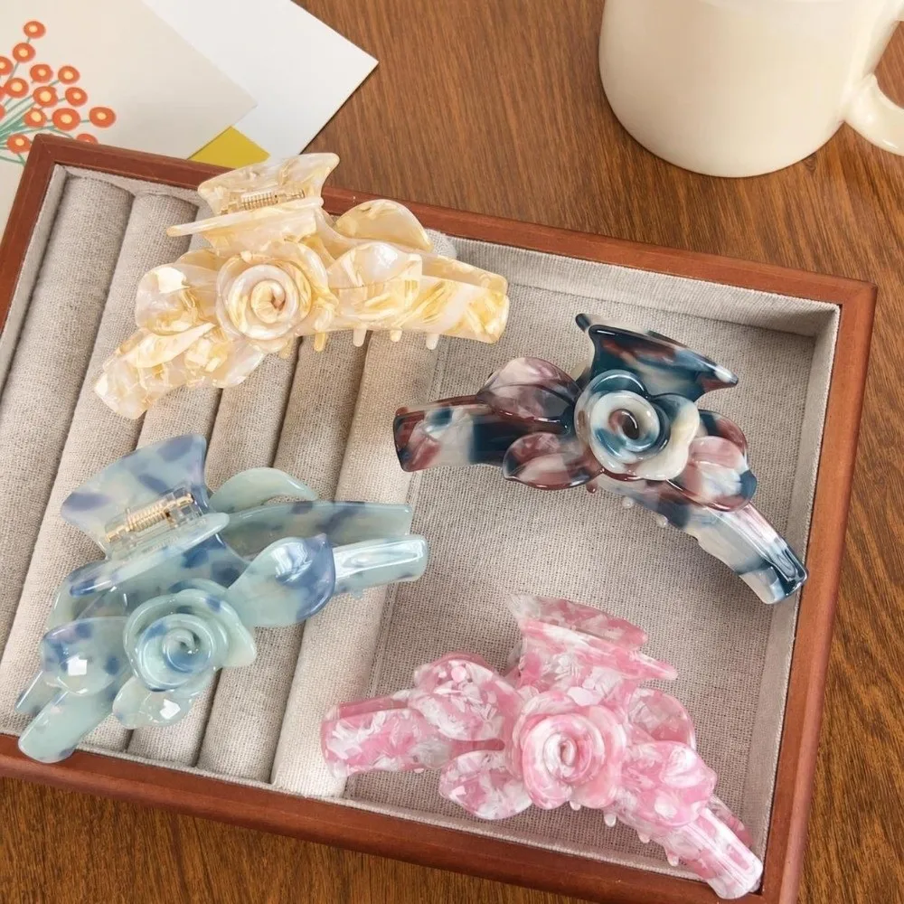 Elegant Acetate Claw Clip 3D Floral Layered Flower Embossment Flower Hair Claw Glossy Smooth Shark Hair Accessories for Women