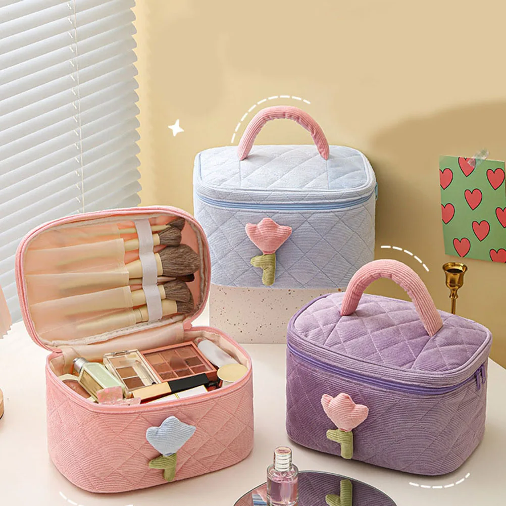 2개 세트 코듀로이 메이크업 가방 대용량 퀼팅 오거나이저 여행용 화장품 가방 여성용 다용도 메이크업 파우치 세트