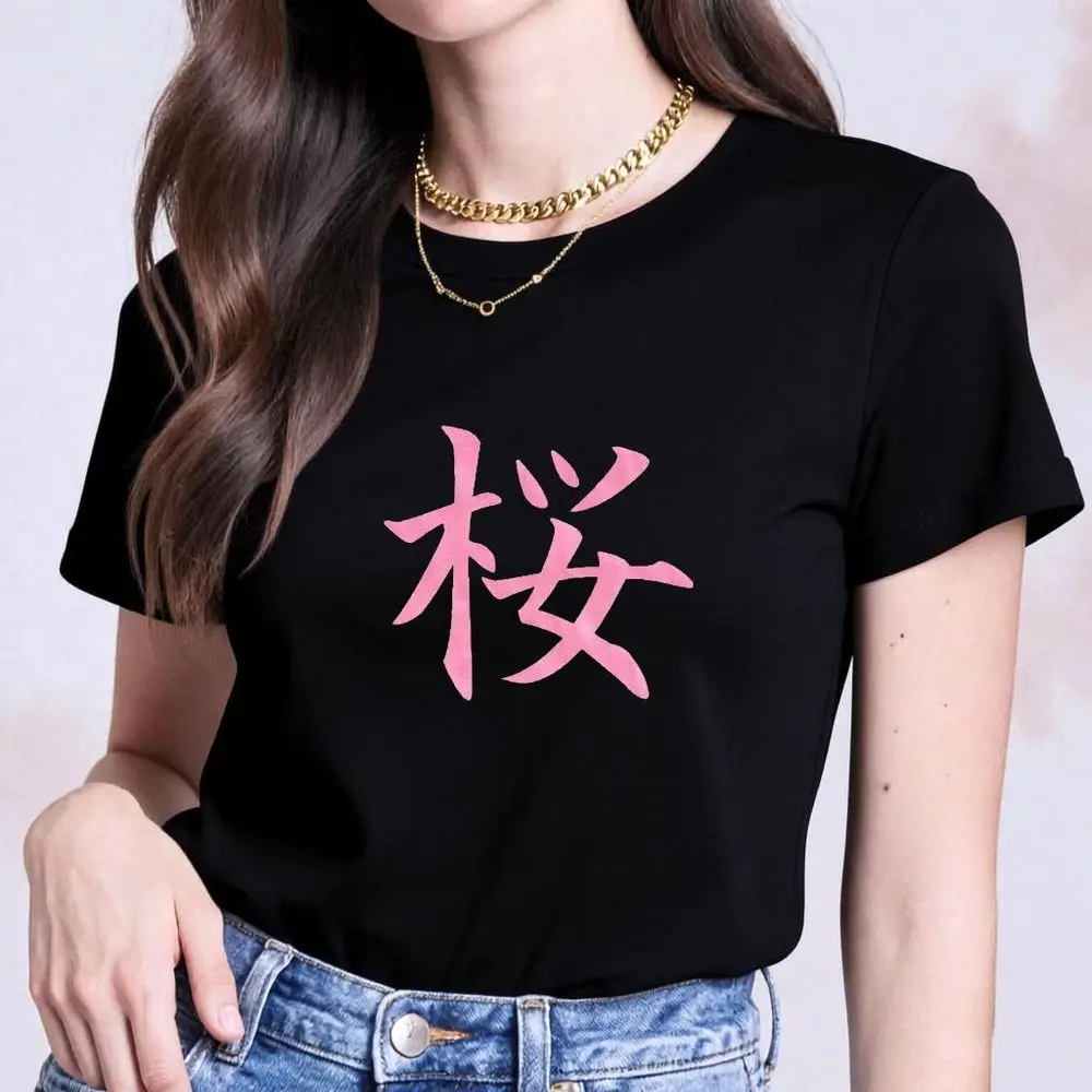 Japanese Cherry Blossom Graphic T-Shirt Women Summer Short Sleeve Pink Kanji Print Harajuku Aesthetic Female Tops Free Shipping