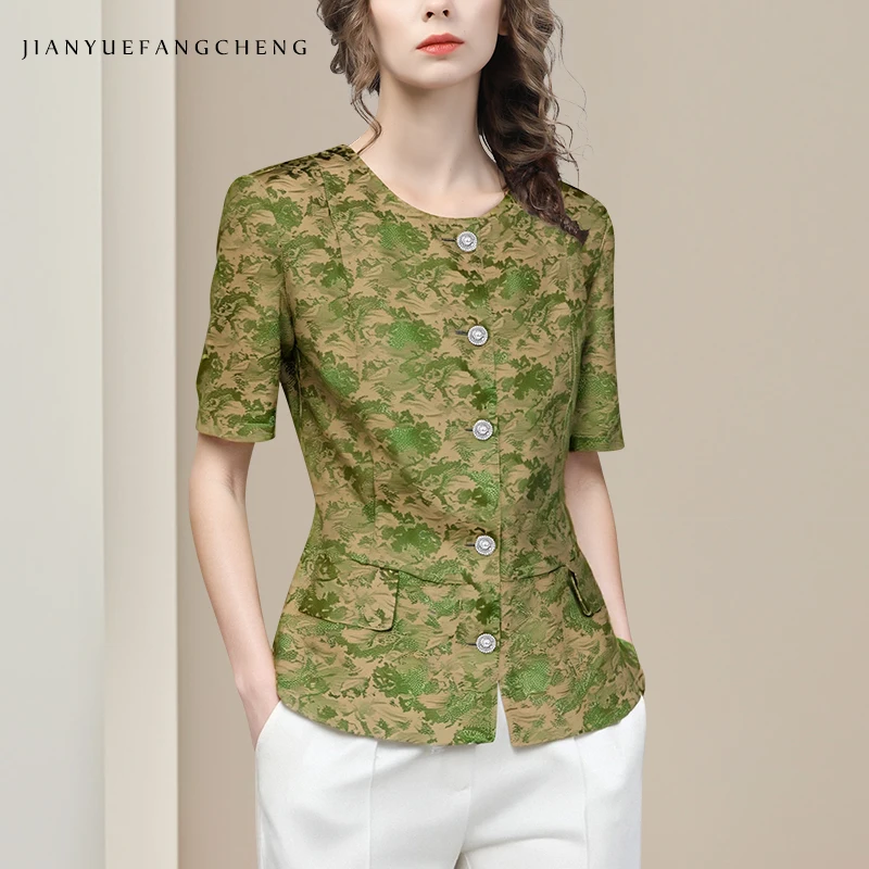 

Womens Summer Short Sleeve O-neck Green Satin Printed Blouse Vintage Slim Short Style Button-down Top Shirts