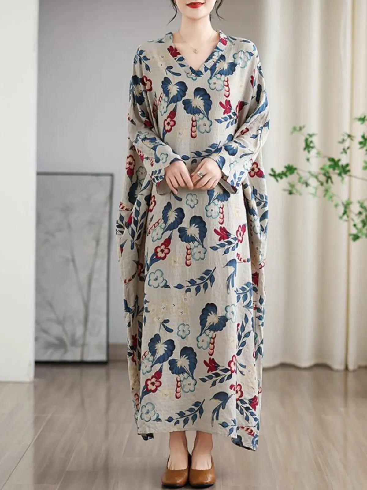 Loose A-Line Dress Women's Floral Print V-Neck Long Skirt Conceal Meat Slimming Large Size Casual Wear Spring Summer Autumn