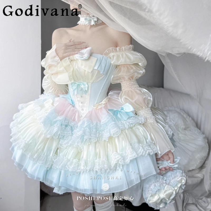 Süßes Lolita-Prinzessinnenkleid 2025, Herbst-Damen-Röhrenoberteil, Satinschleife, schmaler Pettiskirt, kurzes Mini-Partykleid, Ballett-Stil-Kleider