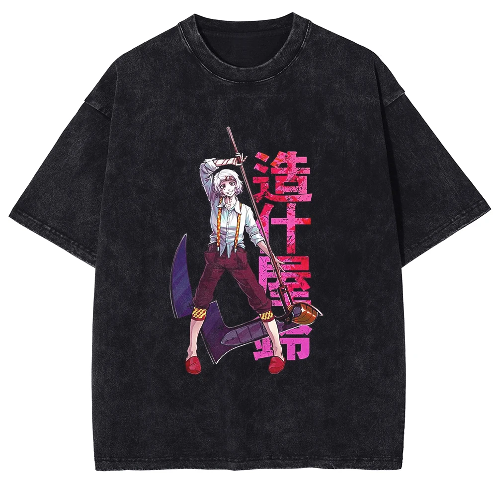 Tokyo Ghost Ken Kaneki Manga T-shirt Vintage Washed Oversized T Shirt Men Women Clothing Summer Pure Cotton Short Sleeve Tees