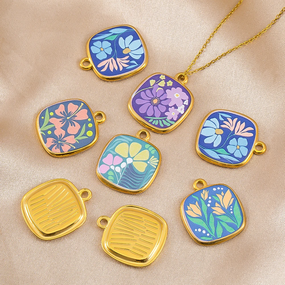 

1pc Stainless Steel Enamel Square Flower Pendants Charms For Jewelry Making DIY Necklace Bracelet Earring Accessories Wholesale