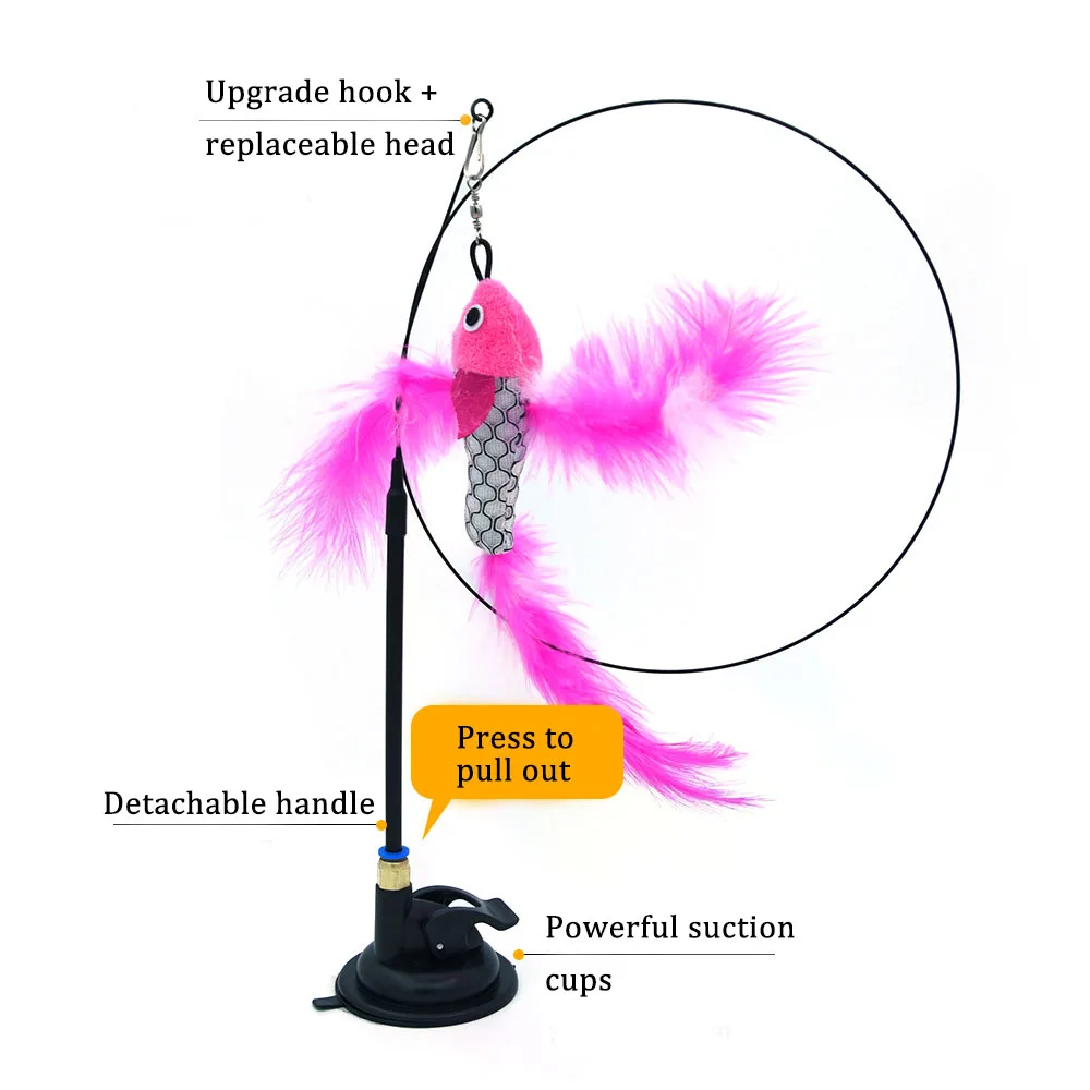 Funny Cat Toys Suction Cup Steel Wire Interactive Cat Teasing Stick Mouse Feather Butterfly Replacement Head Pet Supplies