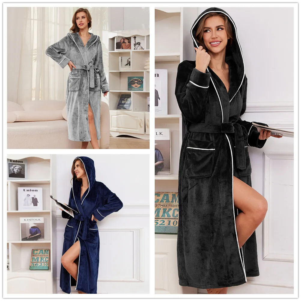 Autumn Winter Coral Fleece Hooded Sleepwear Couple's Sleeping Robe Women Home Clothes Bathrobe Men Flannel Thickened Yukata