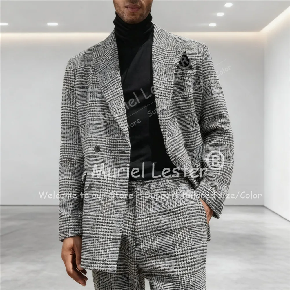 

Grey Plaid Check Suit Men Double Breasted Jacket Pants 2 Pcs British Style Customized Houndstooth Groom Blazers Wedding Tuxedos