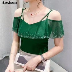 2024 Sexy Off the Shoulder Tops For Women New Diamond Mesh Shirt Summer V-neck Slim Fit Ruffles T shirt