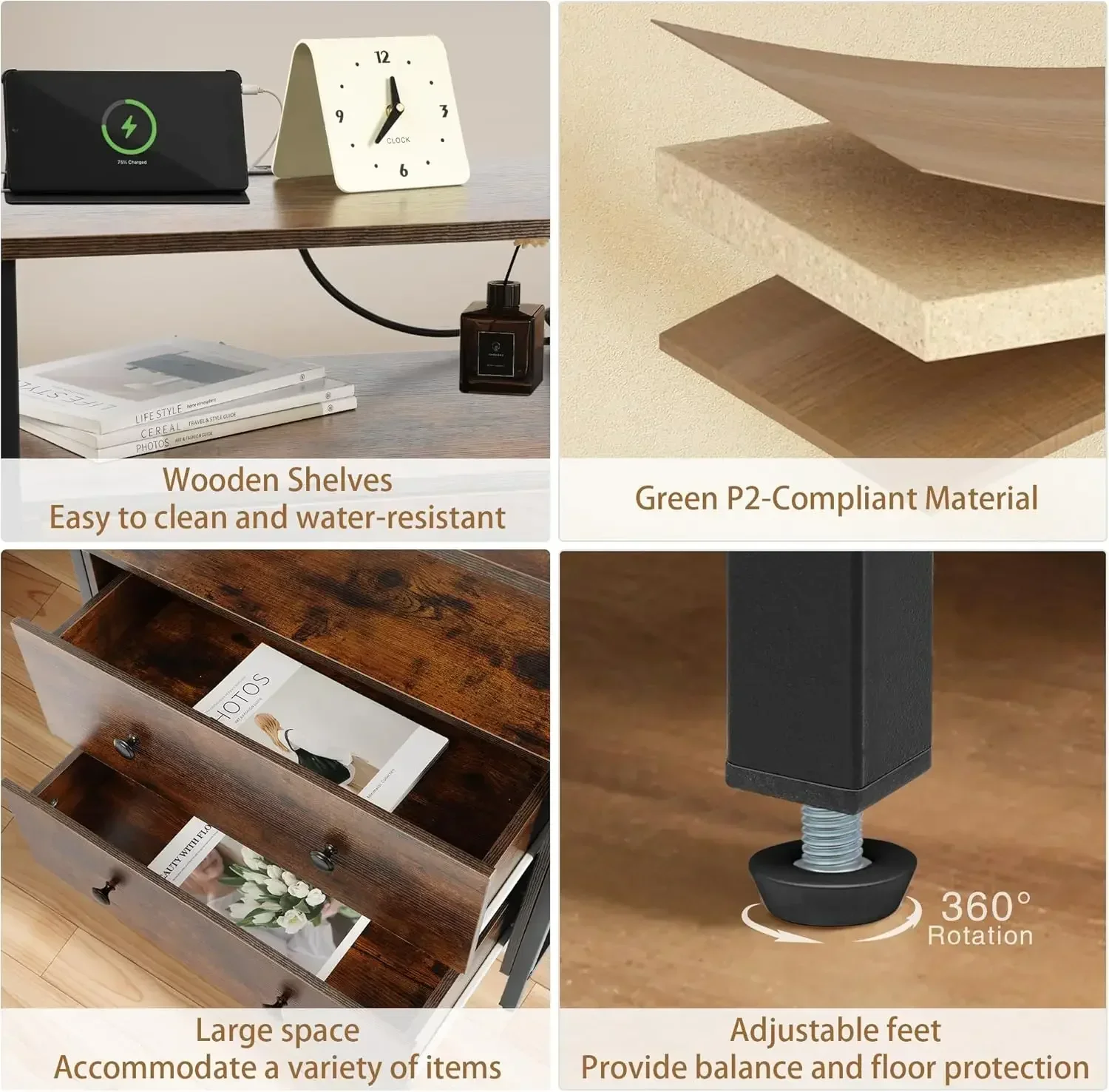 [Hot Deal, Best Seller!]27 inch Wide Nightstand with Charging Station, Bedside Table with Open Shelf, 2 Drawers Small Wood Dress