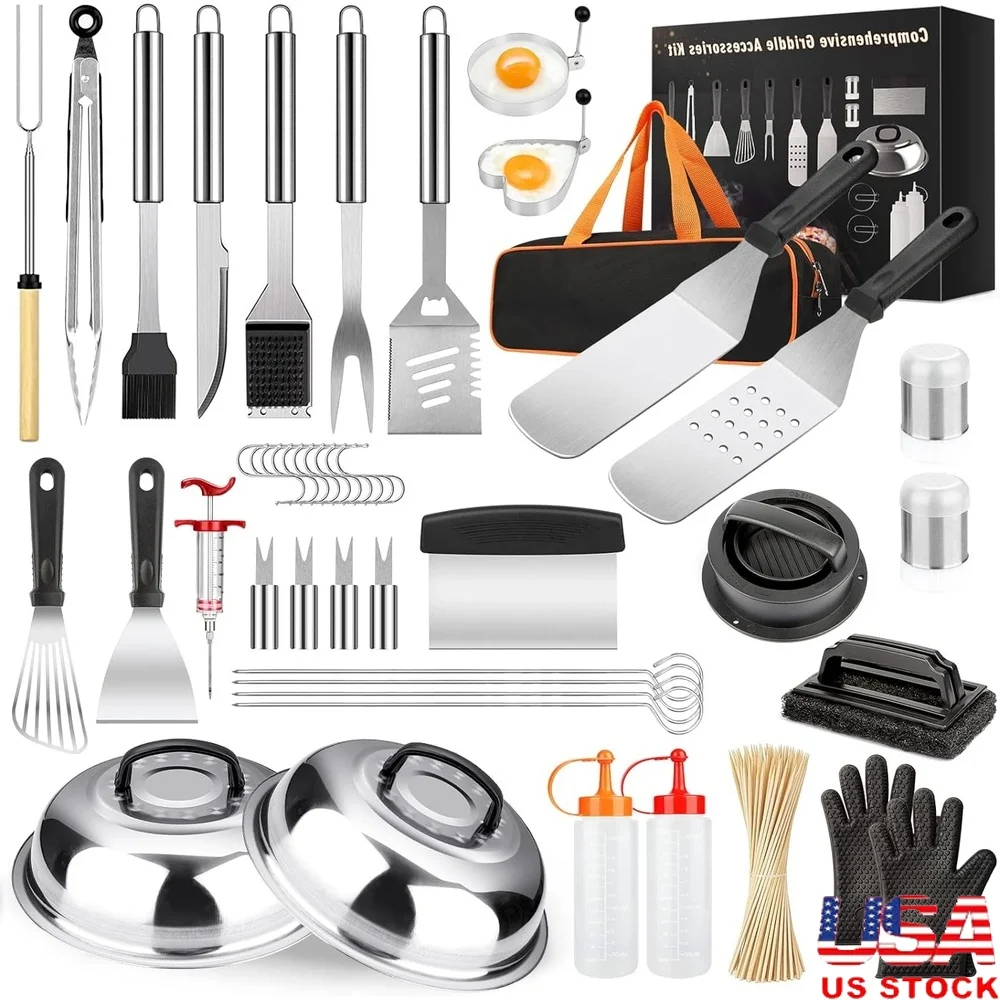 

144 Pcs Griddle Accessories Kit BBQ Tool Set with Spatulas Basting Covers Silicone Gloves Burger Press Skewers Outdoor Cooking