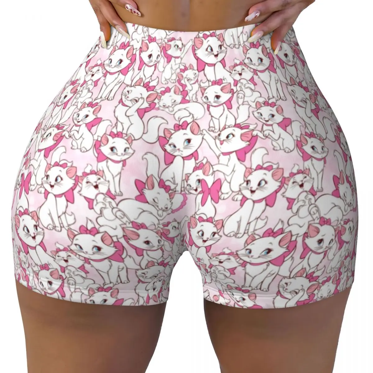 Custom Marie With Her Pink Bow Biker Running Workout Shorts Women Girly Cat Film Athletic Gym Yoga Shorts