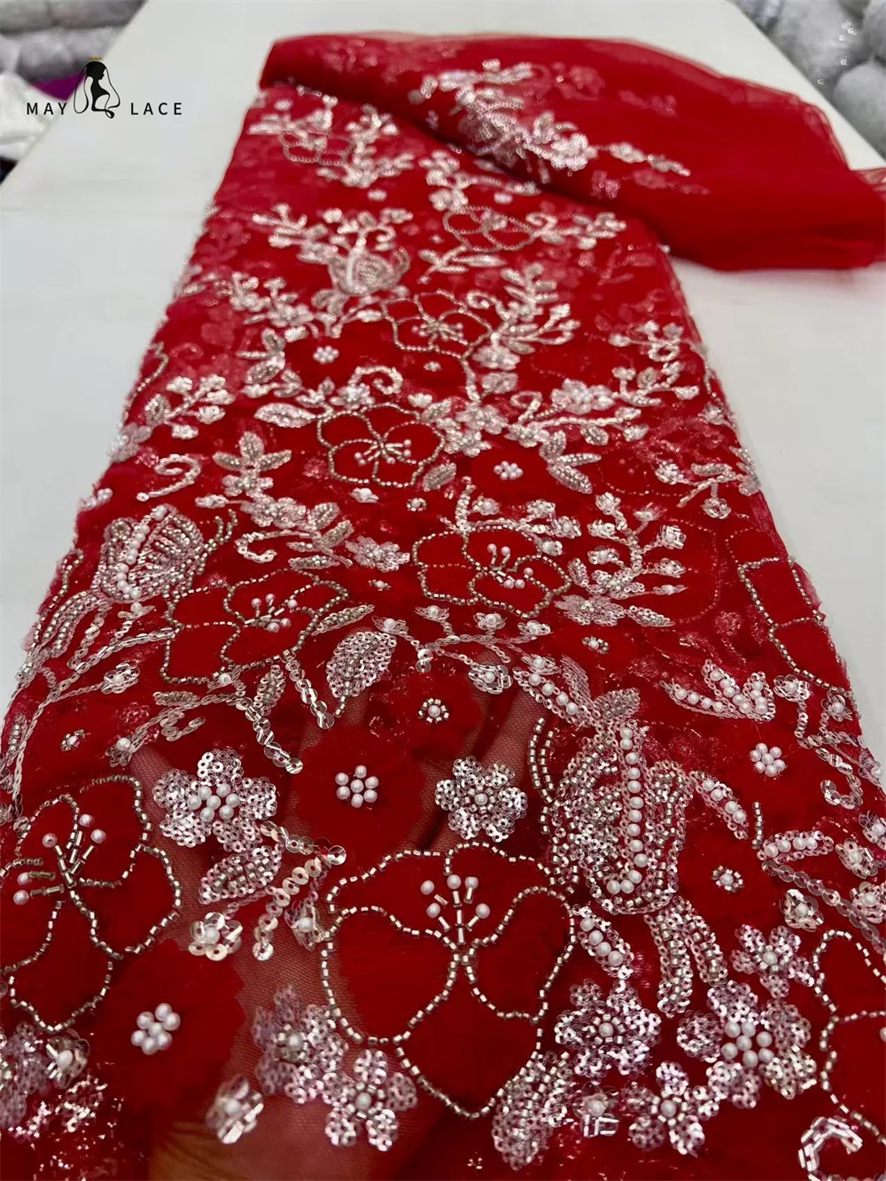 

2025 Luxury French Beads Embroidery Flower Lace Fabric African Nigerian Sequins Lace Fabrics For Wedding Dress Sewing Material