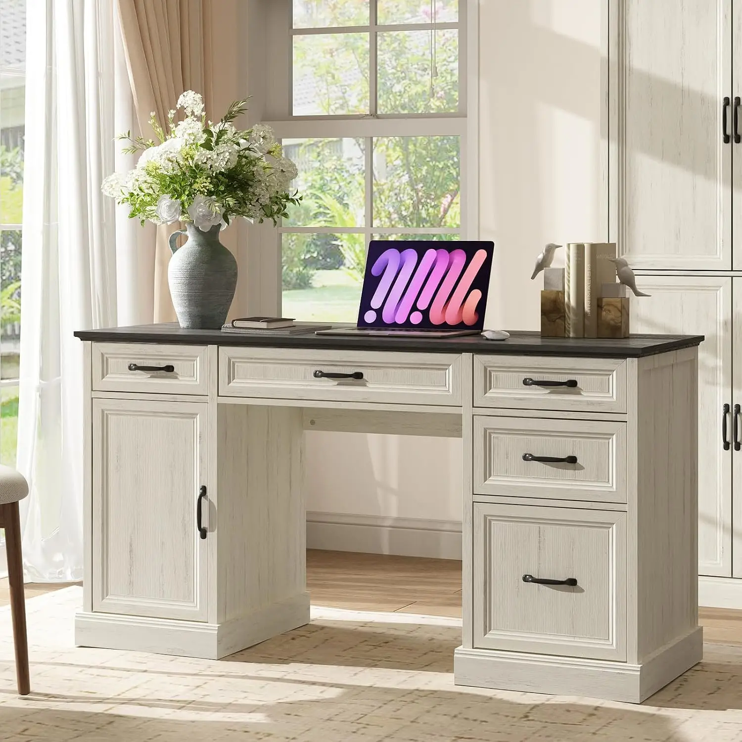 Farmhouse Executive Desk with Drawers & File Cabinet, Rustic Home Office Computer Desk for Working, 58