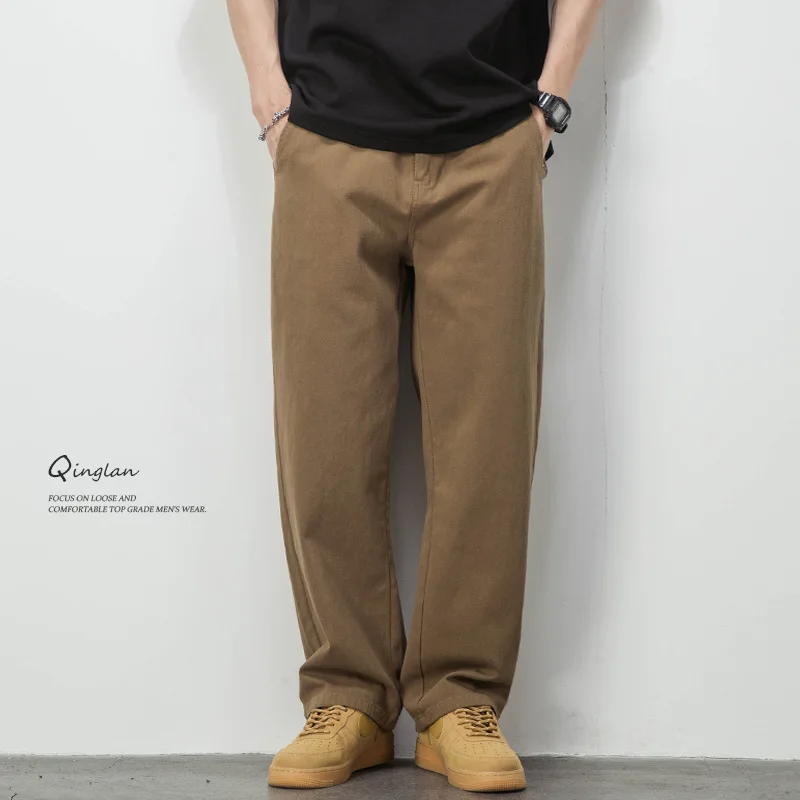 

Свободные повседневные мужские брюки цвета хаки, прямые хлопковые весенние новые базовые брюки большого размера, молодежная повседневная одежда