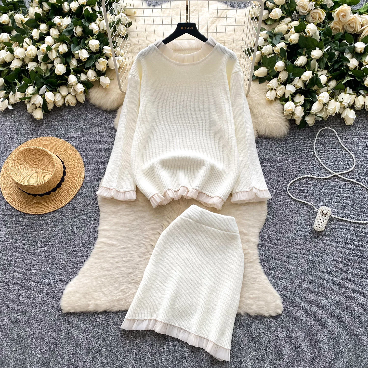 

Women Thick Sweater Two Piece Skirt Sets Knit Pullover Full Sleeve Round Neck Dress Sets Casual Wrap Hip Skirts Sweater 2025