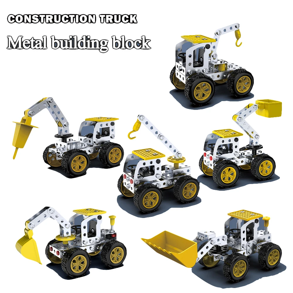 Metal Building Block Assembly Toy Excavator Bulldozer Crane Model 3D Three-dimensional Nut Disassembly Toy for Boy