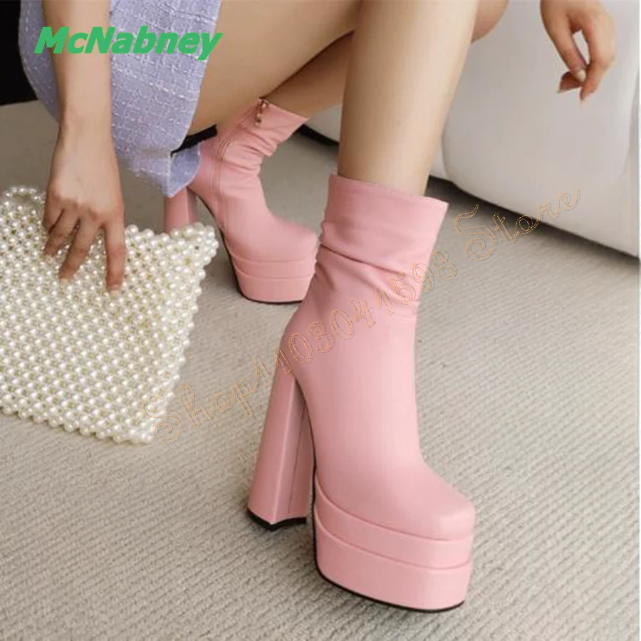 

Double Layer Platform High Heel Boots,Flat Toe Thick Heel Women Boots Retro Zippered Mid Calf Boots 2023 New Zapatos Para Mujere