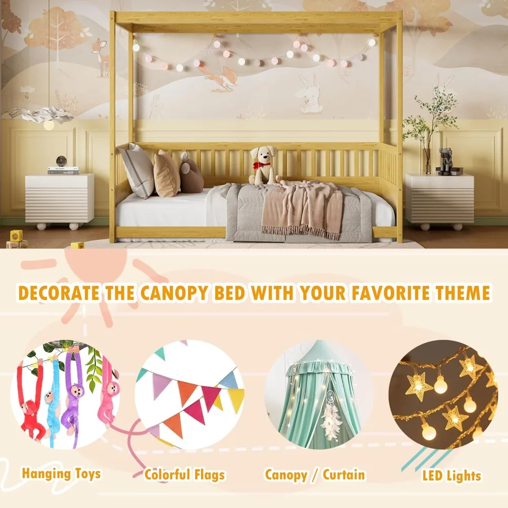 إطار سرير بمظلة مزدوج الحجم من Bellemave مع 4 ملصقات ودرابزين حماية، سرير أرضية مونتيسوري بحجم مزدوج مع سياج مرتفع، سهل التجميع #5