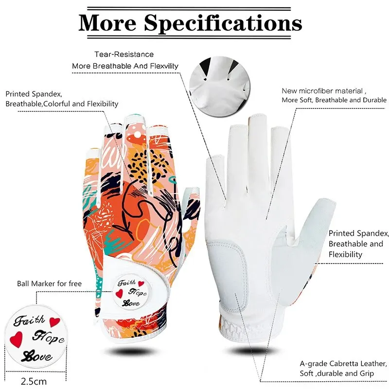 Golf Gloves Women Half Finger Left Hand with Ball Marker 1 Pack, All Weather Glove for Right Left Handed Golfer