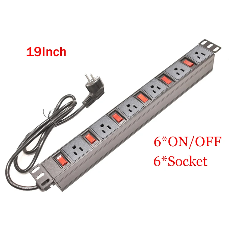 19inch PDU Power Strip Independent Switch 6ON/OFF 6Ways US Socket Power Distribution Unit 1U Cabinet Rack Mount