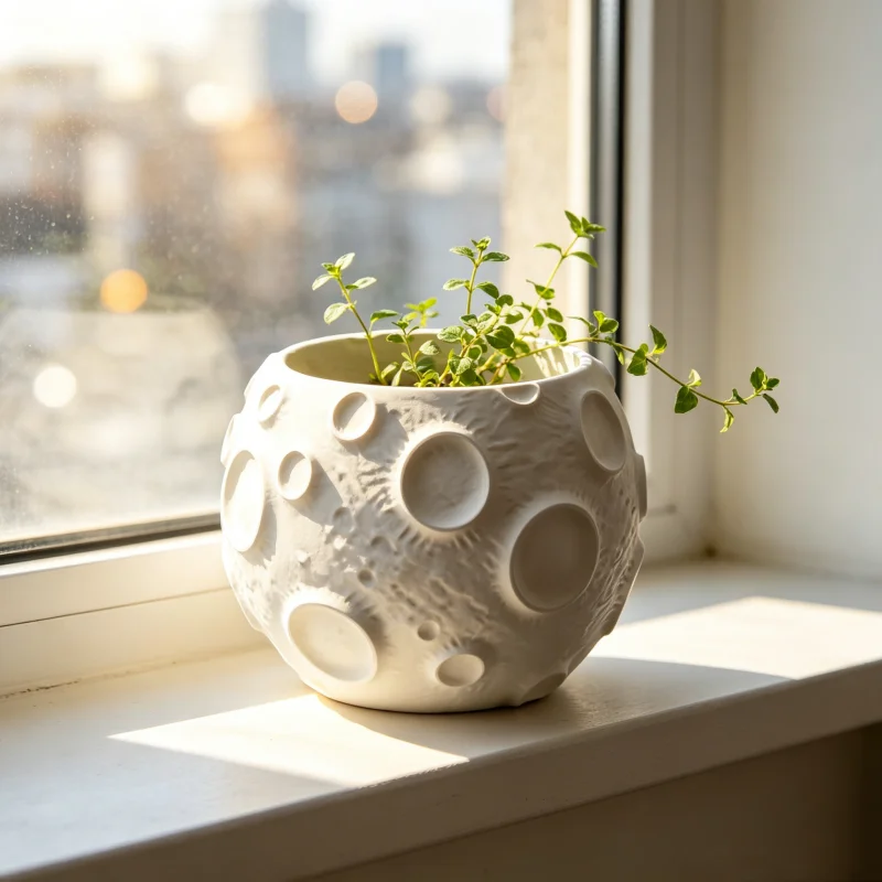 3D Printed Moon Crater Succulent Planter Pot Mini Planet Statue Desktop Windowsill Decor Space Theme Sculpture