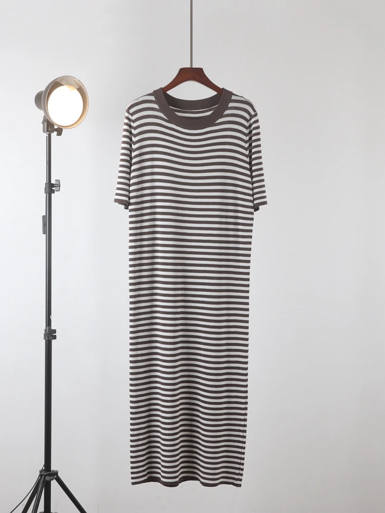韓国スタイル春/夏ソリッドカラープルオーバールーズウエストストライプロングTシャツドレス女性用