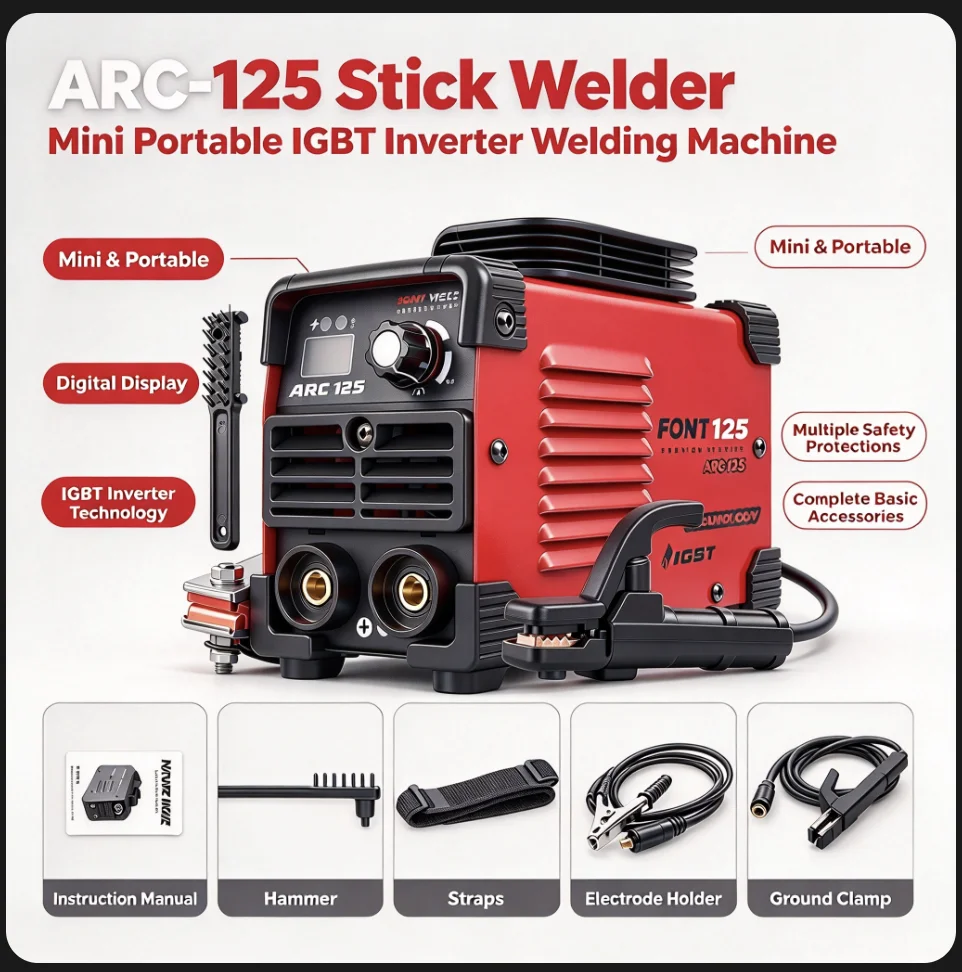 FONTWELD ARC-125A Portable Stick Welder, 110V IGBT Inverter ARC Welding Machine, Mini Electric Welder with Digital Display, Hot Start Anti-Stick, Overheat Overload Protection, Welding Kit for Home DIY, Garage & Metal Repair