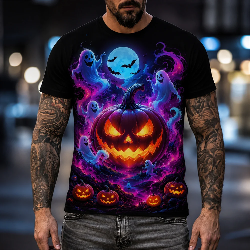 Halloween Scary Pumpkin Pattern 3D Print T-Shirt for Men Purple Ghost at Night Novel Round Neck T Shirts Festival Gift T-Shirts