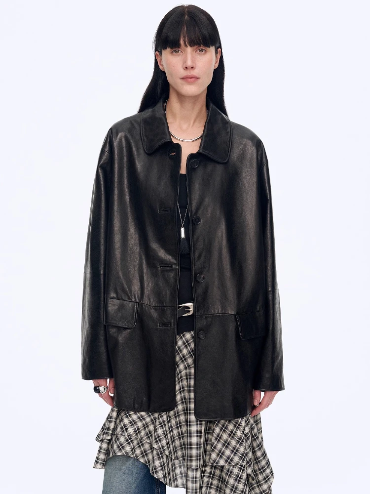 

Vintage Genuine Leather Blazer Jackets for Women Spring Autumn 2026 High-end Simple Loose Soft Black Oil Wax Real Goatskin Coat