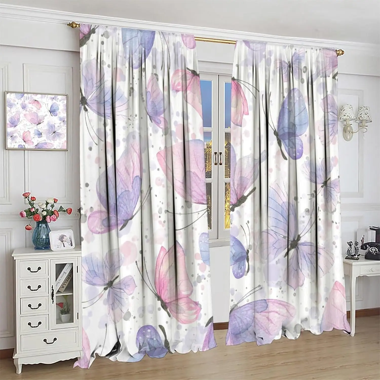 Purple Butterfly Curtains,Watercolor Pink Butterfly Abstract Cartoon Print Window Drapes for Kids Girls Boys Bedroom Living Room