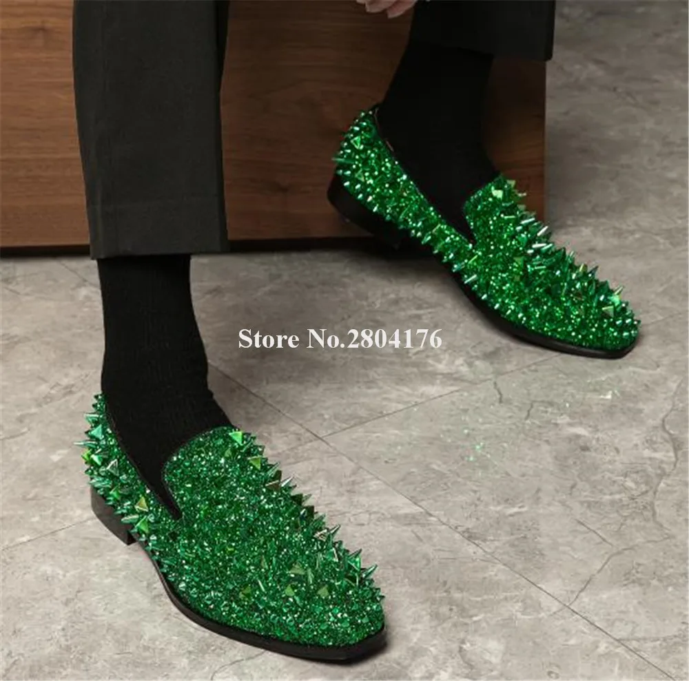 

Newest Men Fashion Rivets Glitter Loafers Bling Bling Green Blue Gold Silver Spike Slip-on Flat Leisure Shoes