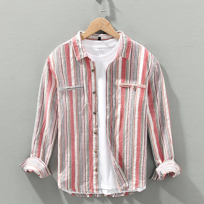 

2024 Men's Autumn New Fashion Popular Striped Long-Sleeved Shirt Cotton and Linen Breathable Shirt