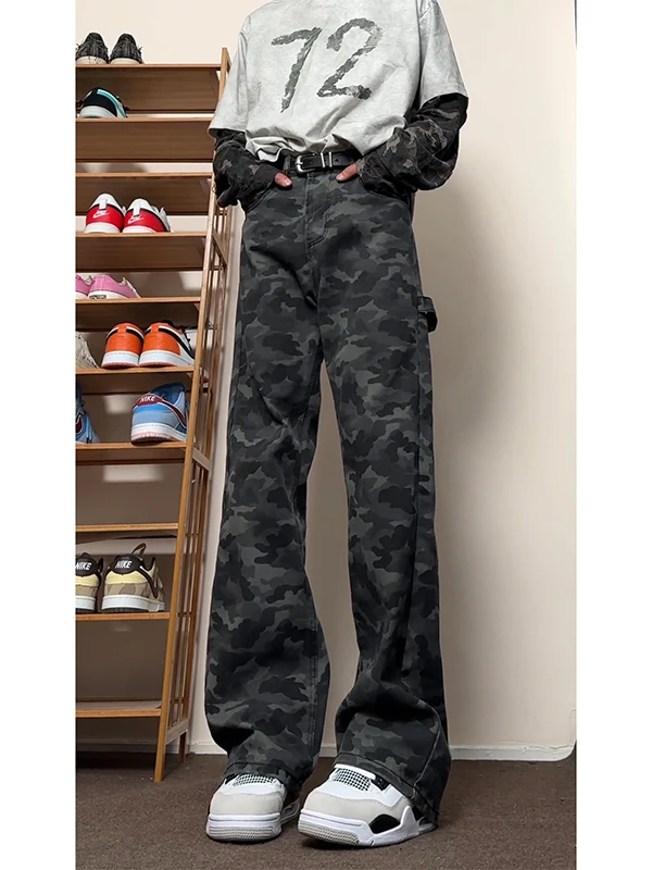 

American Style Camouflage Bell Bottom Jeans Men Summer Thin High Street Vibe Raise Waist Lengthen Legs Retro Workwear Pants