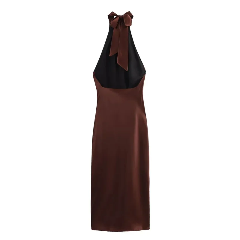 BWQ Halter Satin Dress Woman Off Shoulder Backless Long Dress Women Sleeveless Elegant Party Dresses Summer Evening Dresses