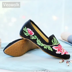 Veowalk Handmade Women Ballet Flats Shoes Vintage Flower Embroidery Pointed Toe Comfort Slip-on Spring Cotton Shoes For Woman