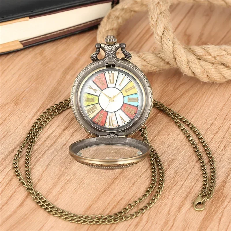 

Bronze Colorful Dial Men Women Quartz Pocket Watch Necklace Chain Roman Number Display Transaparent Cover Half Hunter reloj