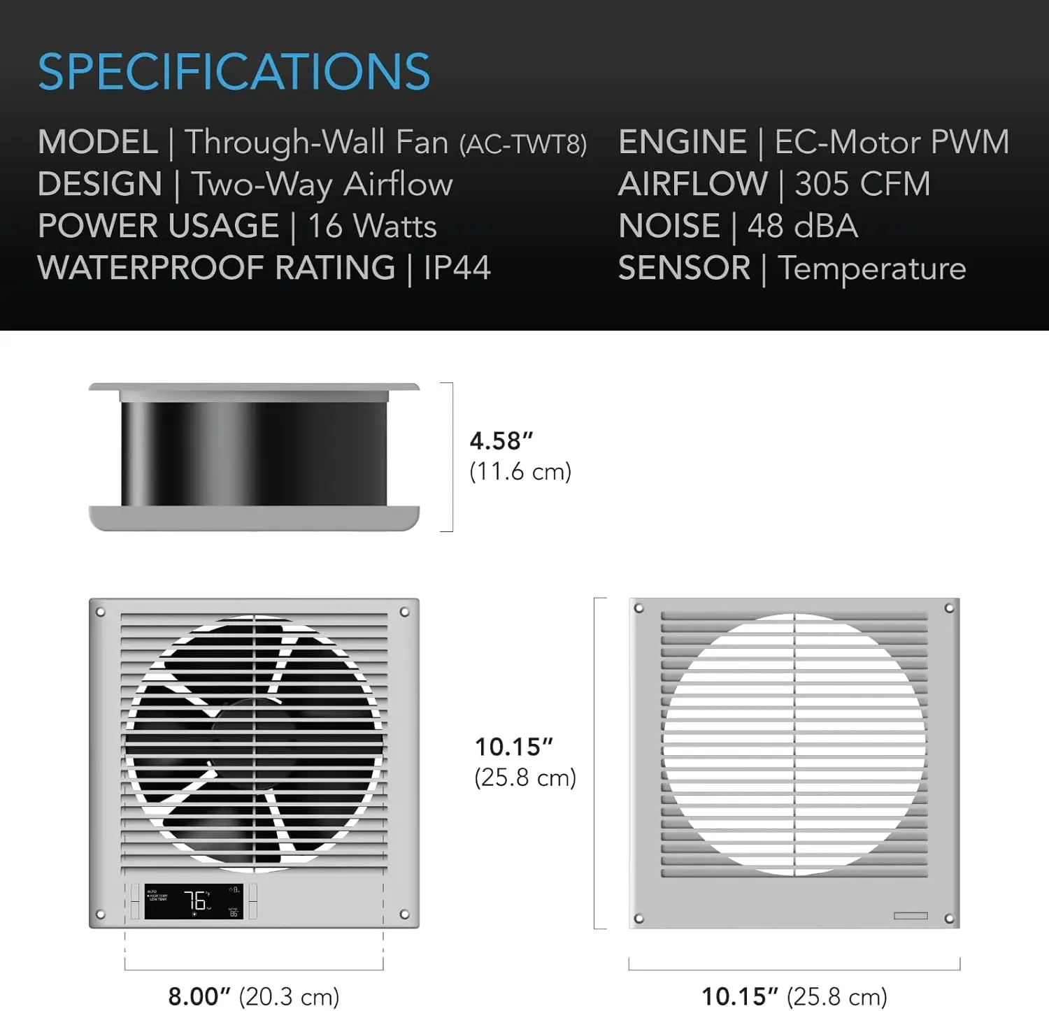 8-Inch Reversible Through-the-Wall Fan with Temperature Controller, Quiet 10-Speed for Kitchen, Laundry Room, Workshops