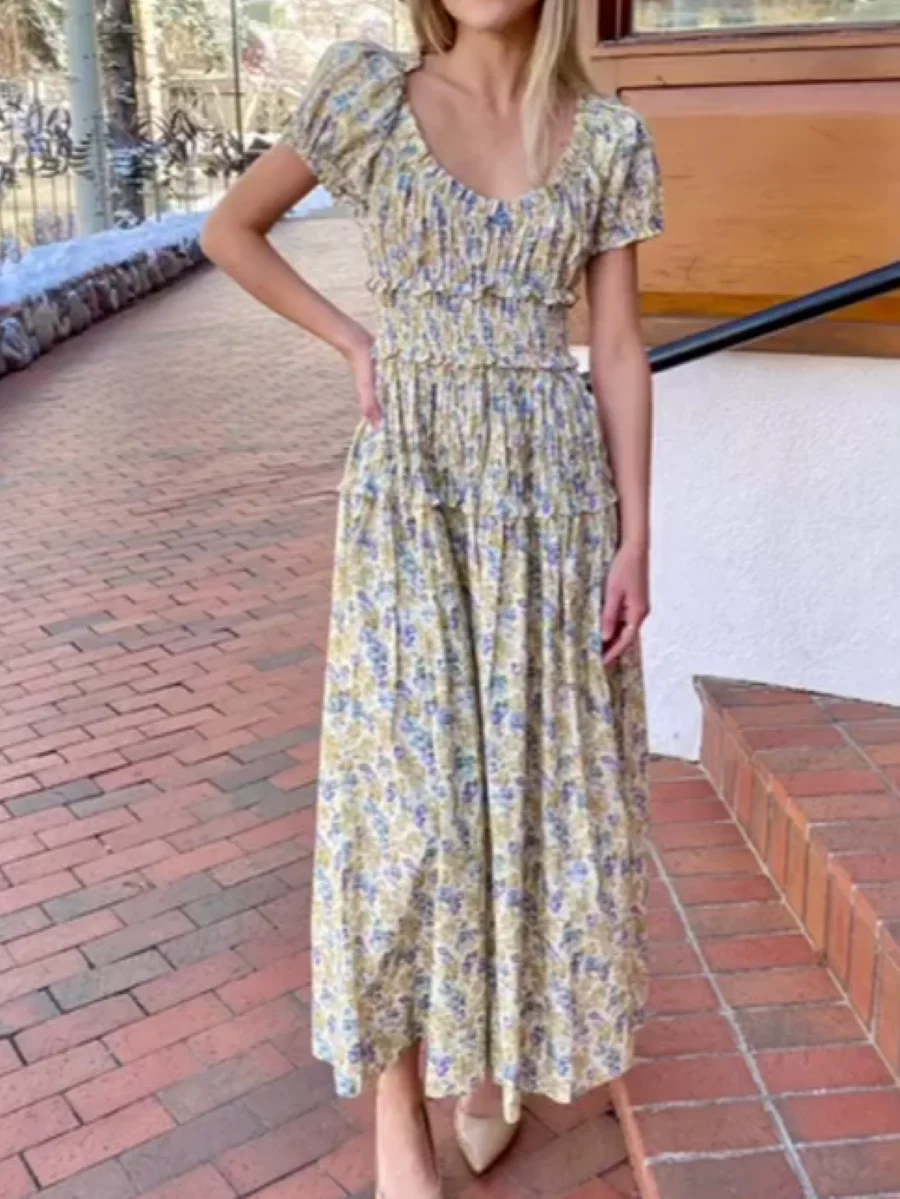 

Women Retro Flower Print Long Dress 2025 New Ruffles Edge Round Neck Puff Sleeve Elastic Waist Holiday Casual 100% Cotton Robe