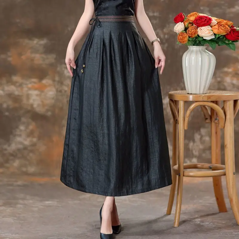 Womens High Waist A Line Maxi Skirt Solid Black Elegant Formal Skirt With Belt Detail For Daily And Special Ocns